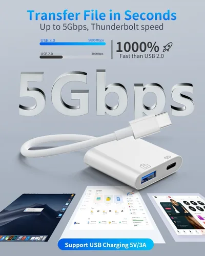 Vista 2 de Adaptador de cámara USB C a USB para iPhone 16/15, adaptador OTG hembra USB3.0 con puerto de carga rápida para iPhone 16/16 Pro Max/16 Plus/15 Pro