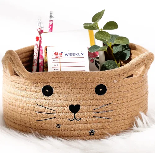 Vista 19 de Zopeal Cesta de almacenamiento tejida para gatos, organizador tejido con orejas, juguete decorativo de Navidad para mascotas, bonita canasta