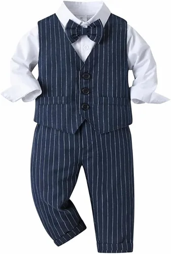 Vista 19 de IDOPIP Trajes de otoño e invierno para niños pequeños, camisa de manga larga con corbatín + chaleco + pantalones largos, overoles