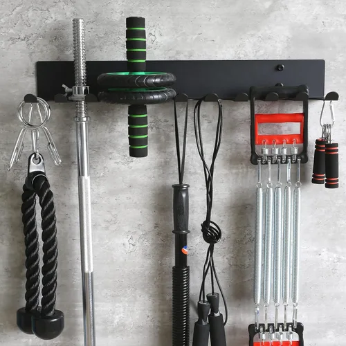 Vista 5 de Estante de almacenamiento multiusos para equipos de gimnasio, colgador de almacenamiento para bandas de resistencia, estante para barras, estante