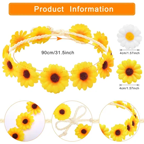 Vista 2 de WILLBOND 8 diademas de girasol para mujer, corona, margarita, flores, corona, ajustable, floral, para novia, para fiestas hippie, bodas, festivales