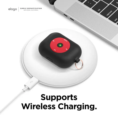 Vista 5 de elago AW6 - Funda compatible con AirPods Pro, diseño de reproductor de música clásica retro con llavero, silicona duradera, diseño clásico