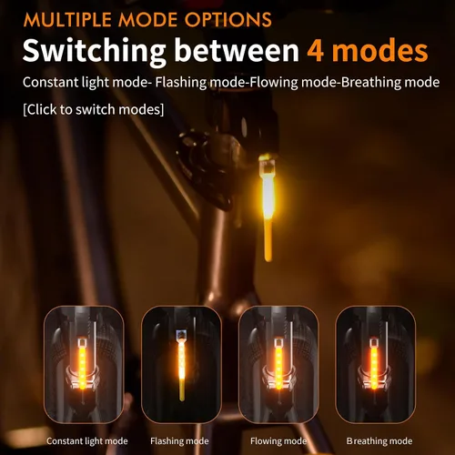 Vista 6 de Luz trasera de bicicleta LED Photondrop, luz trasera roja que fluye, luz trasera para bicicleta, 3 modos, recargable por USB, resistente al agua