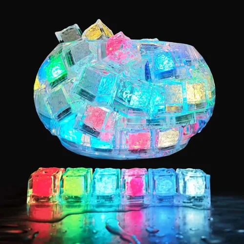 Vista 7 de Paquete de 120 cubitos de hielo iluminados, cubitos de hielo LED que brillan para bebidas con sensor de líquido, luces LED impermeables multicolor