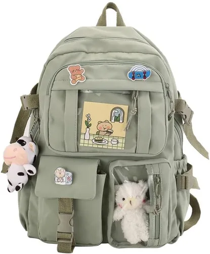 Vista 4 de Mochila Kawaii con bonitos accesorios de alfiler, colgante de felpa, mochila escolar Kawaii linda mochila estética, Verde-2, L, Mochilas tipo mochila