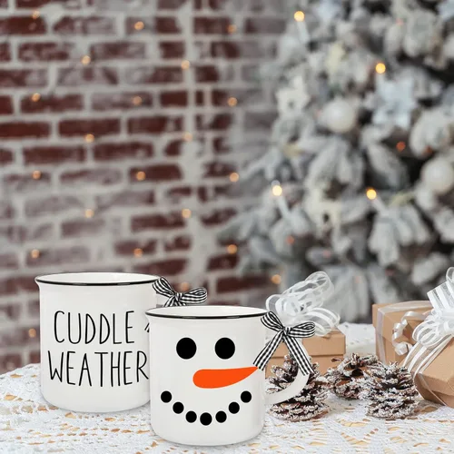 Vista 6 de Whaline 6 mini tazas de café de invierno con cinta para decoración de bandeja escalonada, muñeco de nieve blanco para invierno, Navidad, centros