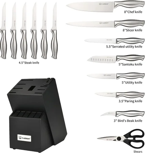 Vista 2 de Juego de cuchillos de cocina de 15 piezas con afilador integrado, juego de bloques de cuchillos de acero inoxidable alemán, apto para lavavajillas
