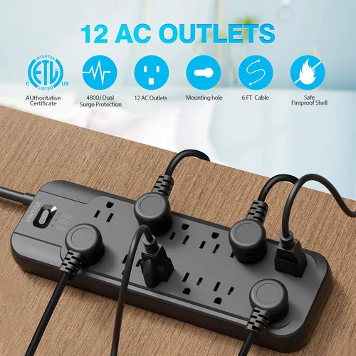 Vista 3 de VINTAR - Protector contra sobretensiones (2 × 4800 julios) con 12 tomas de CA 1875W Output, 6FT Long Extension Cord Flat Plug with Dual Surge