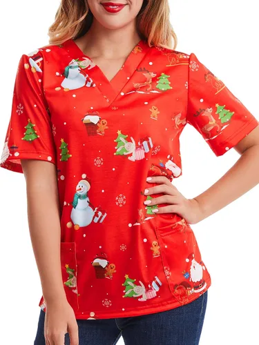 Vista 4 de SATINIOR Camisetas médicas navideñas para mujer, color rojo, con cuello navideño