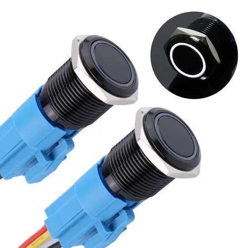 Vista 11 de 2 piezas de interruptor de botón de cierre antivandálico de metal impermeable de 0.630 in, carcasa negra autobloqueante con enchufe precableado
