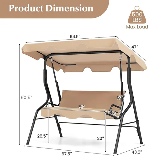 Vista 8 de RELAX4LIFE Silla columpio para porche para 3 personas, columpio para exteriores con toldo ajustable, cojín extraíble y soporte de marco de metal