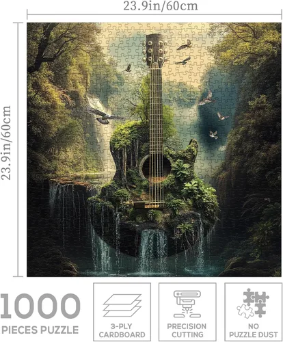 Vista 3 de Rompecabezas de 1000 piezas para adultos, diseño de bosque de guitarra, naturaleza, rompecabezas de fantasía, paisaje, pájaro, plantas, desafiantes