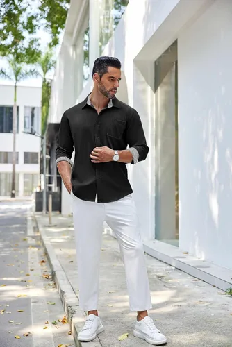 Vista 7 de COOFANDY Camisa de lino con botones para hombre, de manga larga, informal, para playa, con bolsillo