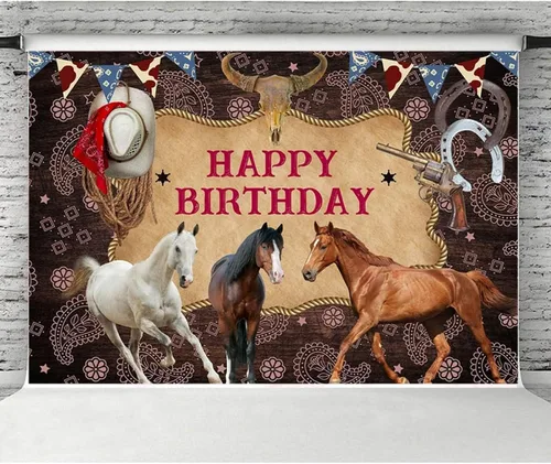Vista 4 de Decoración de cartel de celebración de caballo para fiesta de cumpleaños, telón de fondo estable del salvaje oeste, fondo de fotos de baby shower