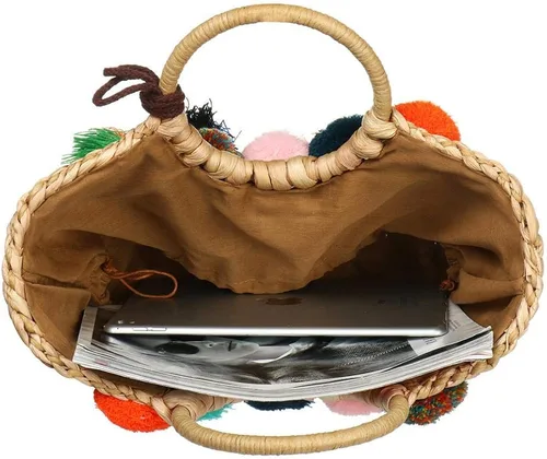 Vista 3 de Bolsa de ratán de verano para mujer, de paja tejida a mano, con asa superior, para playa, mar, paja de ratán