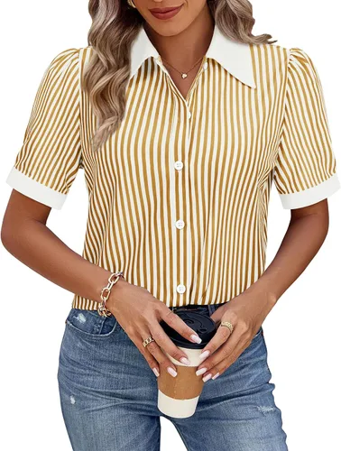 Vista 21 de Gleeivy Camisas de botones para mujer de manga corta abombada, camisas de vestir abotonadas con cuello ajustado, blusa superior de trabajo