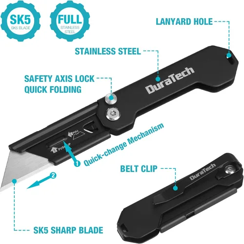 Vista 2 de DURATECH Paquete de 2 Cuchillos Utilitarios Plegables, Mini Cortador de Cajas con Bloqueo de Eje de Seguridad, Clip para Cinturón, Mecanismo
