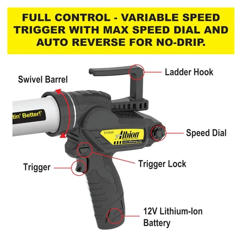 Vista 3 de Albion Engineering E12S20 B-Line - Pistola para calafatear salchichas inalámbrica, sin goteo, 12 V, 20 onzas Empuje de 400 Lbf, disparador