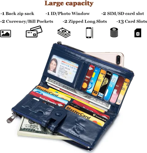 Vista 3 de ROULENS - Billetera de cuero genuino para mujer, con tarjetero, compartimiento para celular, chequera, monedero, con cremallera, cartera Rfid, L