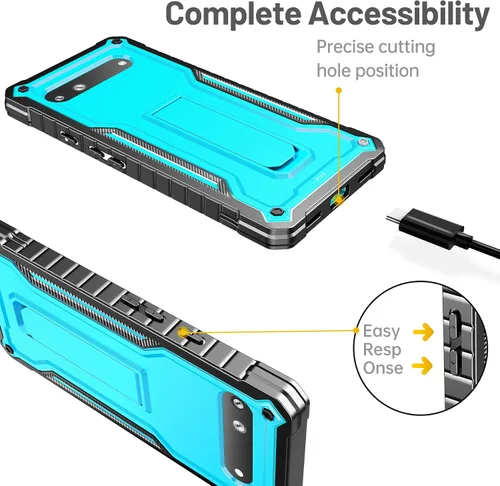 Vista 3 de FITO Funda para Google Pixel 6A, funda resistente a prueba de golpes de doble capa con protector de pantalla de vidrio templado con soporte Azul