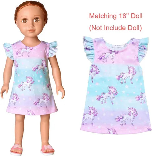 Vista 4 de Camisón de unicornio a juego para niñas y muñecas de 18 pulgadas