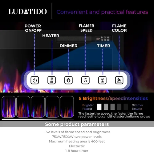 Vista 5 de Ludatido Chimenea eléctrica de 50 pulgadas montada en la pared/empotrada, inserto de chimenea eléctrica con 51000BTU para habitación de 410 pies