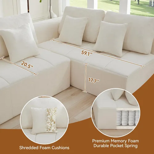 Vista 4 de Sofás seccionales modulares de 110 pulgadas para sala de estar, sofá seccional comprimido sin hueso, sofá de espuma viscoelástica tapizado de 3 Beige