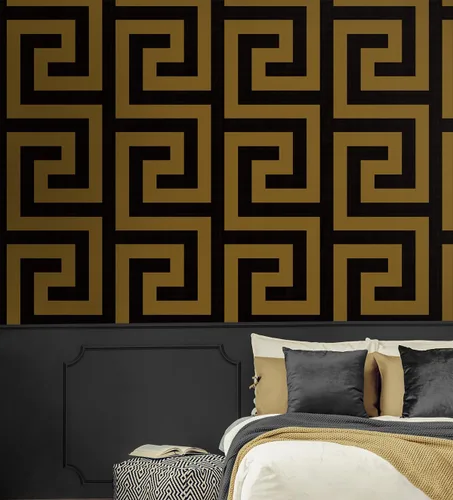 Vista 2 de NextWall Laberinto Geo - Papel tapiz autoadhesivo (ébano y dorado)