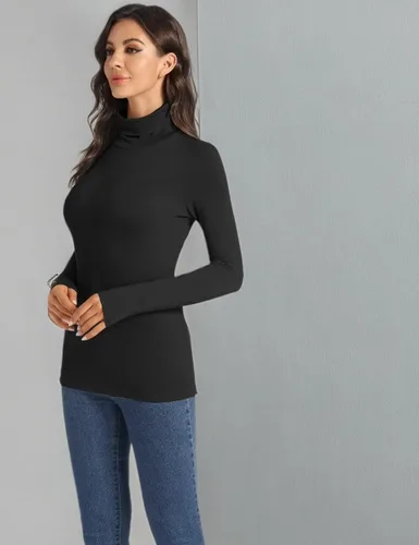 Vista 7 de Paquete de 3 camisetas de cuello alto para mujer, de manga larga, sin botones, de capa base, cuello de tortuga