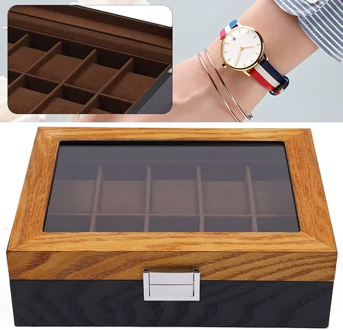 Vista 3 de Fetcoi Caja de reloj con 10 ranuras para reloj, de madera+tela de terciopelo para reloj organizador de relojes para hombres y mujeres, color negro