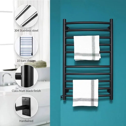 Vista 5 de Exquisitos estantes de baño, calentador de toallas con temporizador para baño, barra de toalla térmica negra mate, soporte de pared, estante