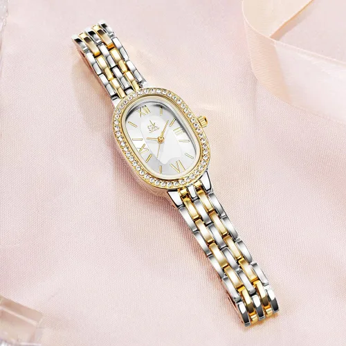 Vista 7 de SHENGKE SK - Reloj de pulsera de acero de aleación sólida con detalles de cristal ovalado para mujer
