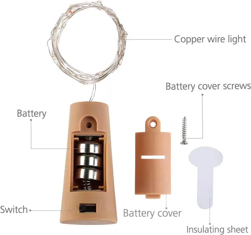 Vista 2 de Paquete de 20 10 luces LED de corcho para botella de vino, mini luces de alambre de cobre, luces estrelladas a pilas para bricolaje, Navidad