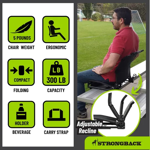 Vista 6 de STRONGBACK Lumbar Support Stadium Seat for Bleachers – Ergonomic Chair with Back Support for Adults & All-Day Comfort Negro/Gris
