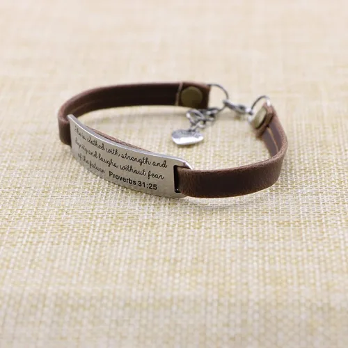 Vista 3 de UNQJRY - Pulsera de cuero vintage con mensaje inspirador grabado de versículos de la biblia, pulsera vintage elástica para mujeres y adolescentes