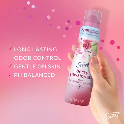Vista 8 de Secret Desodorante antitranspirante para mujeres, paquete de barra y aerosol, Berry Passionate con aroma de maracuyá y guayaba, 72 horas de frescura