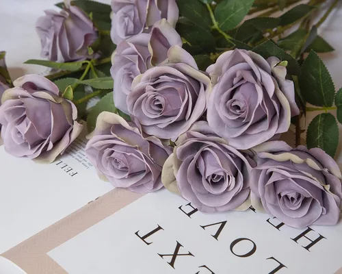 Vista 7 de DuHouse 10 rosas falsas de seda artificial, color morado otoñal Púrpura Otoño