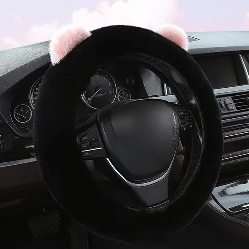 Vista 6 de 1 juego de 6 fundas esponjosas para volante para mujeres y niñas, incluye funda de volante de piel suave, posavasos de automóvil, llavero de felpa