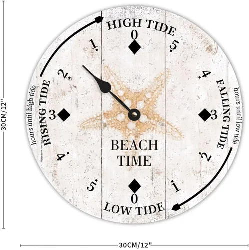Vista 2 de Reloj de marea de madera rústica, reloj de marea con estrellas de mar, reloj de luna, silencioso, sin tictac, funciona con pilas, reloj de pared