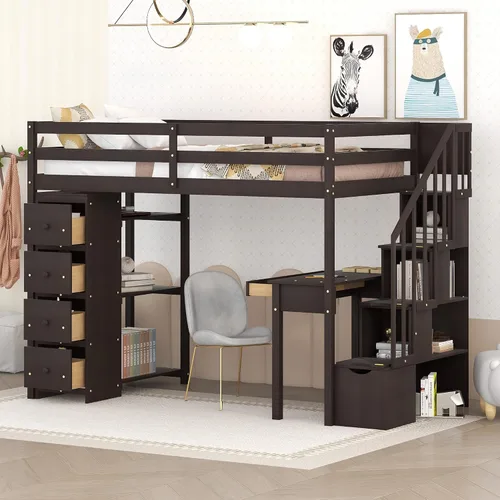 Vista 18 de Quarte Cama tipo loft única con cajones de almacenamiento y escaleras, cama alta de madera tamaño individual con estantes y barandillas, para niños