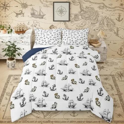Vista 32 de Juego de edredón Lake House tamaño Twin, juego de ropa de cama náutica de navegación con ancla de 2 piezas para decoración de habitación de niños
