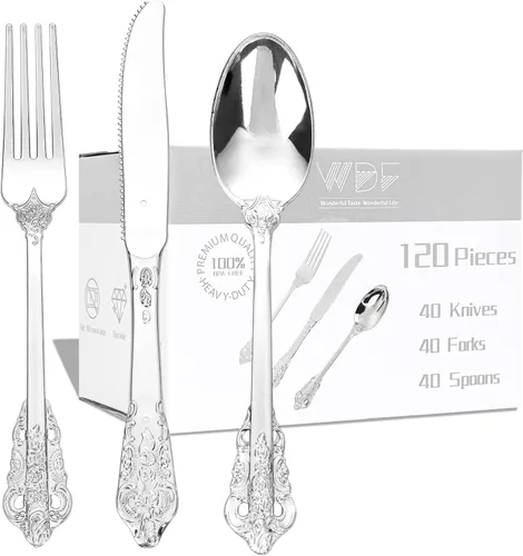 Vista 21 de WDF 100 cucharas de plástico plateadas desechables, cubiertos de plata barrocos de 6.93 pulgadas para pastel de postre, cucharas de plástico