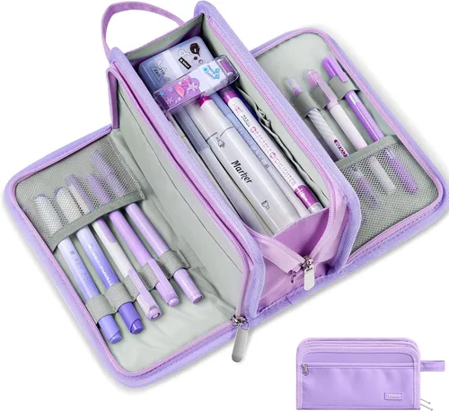 Vista 15 de Sooez Estuche grande para lápices, bolsa para lápices de gran capacidad con 3 compartimentos, organizador portátil de artículos de papelería de lona