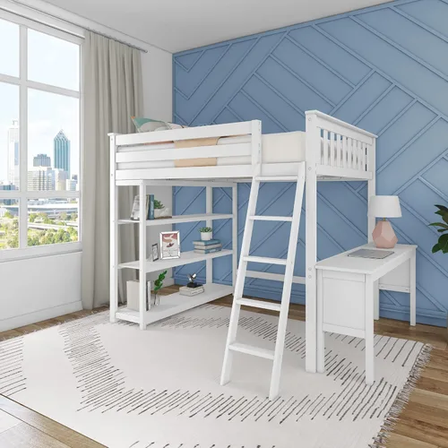 Vista 13 de Max & Lily Cama alta de tamaño matrimonial con estantería, arcilla, madera maciza, marco de cama moderno para niños/adolescentes, pino, acabado