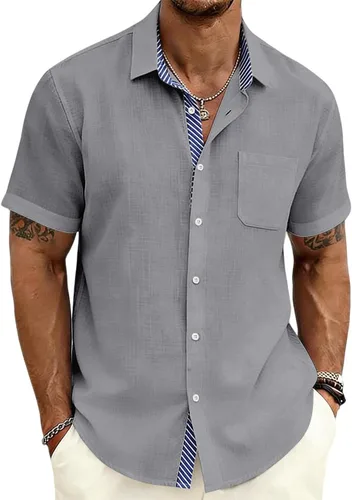 Vista 7 de Camisas con botones para hombre, manga corta, casual, verano, playa, vacaciones, boda, con bolsillo