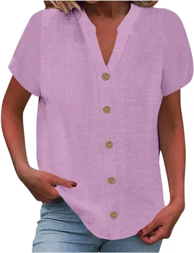 Vista 30 de Camisetas de verano para mujer, de manga corta, pétalos, de lino, con bolsillo, casual, con botones, blusas básicas