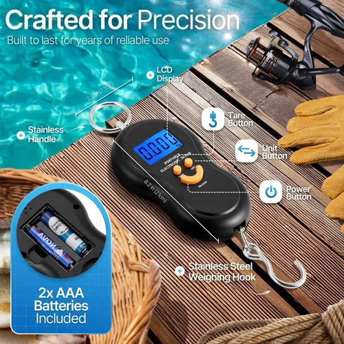 Vista 6 de Flexzion Báscula digital para colgar – Báscula portátil de equipaje de 110 lb/50 kg y báscula de pescado con retroiluminación electrónica LCD