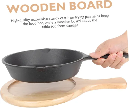 Vista 4 de Sartén antiadherente de hierro fundido grueso con mango y tabla de madera, sartén para cocinar carne y huevos para el hogar, cocina, conducción