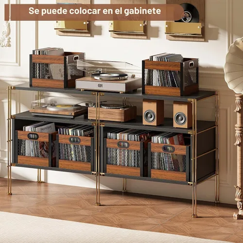 Vista 3 de X-cosrack Caja de almacenamiento de discos de vinilo, organizador de discos LP de madera, con capacidad para 60 a 80 discos cada uno, 2 paquetes