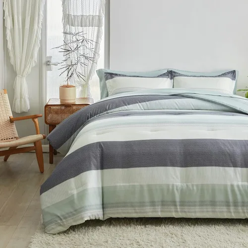 Vista 11 de Flysheep Juego de edredón de 3 piezas de estilo bohemio a rayas tamaño individual para niños, juego de ropa de cama reversible de microfibra suave a